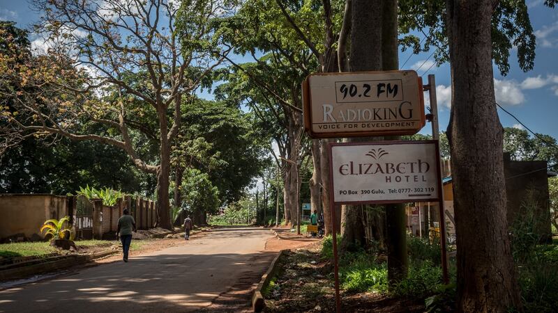 A sign outside the studio of Radio King 90.2FM in Gulu, northern Uganda. Photograph: Sally Hayden