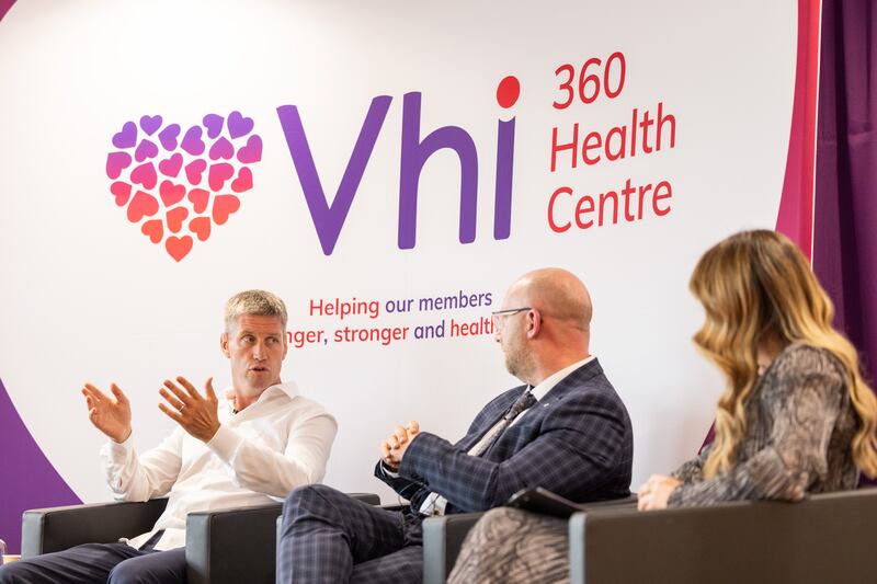 Ronan O’Gara, head coach La Rochelle, Dr Colman Noctor, bestselling author and psychotherapist, and Dr Lydia MacKeogh, national clinical psychology lead at Vhi, speak at a VHI event to mark World Mental Health Day. Photograph: Naoise Culhane