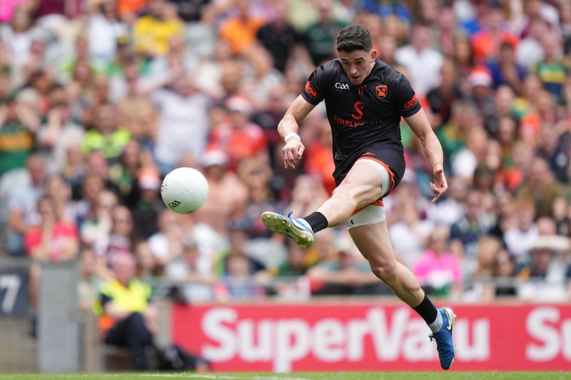 Rory Grugan of Armagh fires home the only goal of the game. Photograph: James Lawlor/Inpho
