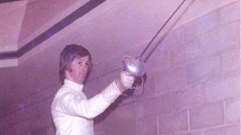 John Bouchier-Hayes, who competed for Ireland in three Olympics beginning in Tokyo 1964, in full fencing regalia at pre-Olympic training.
