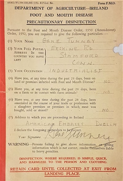 Included in lot 657, A Man Must Fight by Gene Tunney is an Irish Department of Agriculture foot and mouth disinfectant card from 1928 signed by the World Heavy Weight Boxing Champion, €80- €120