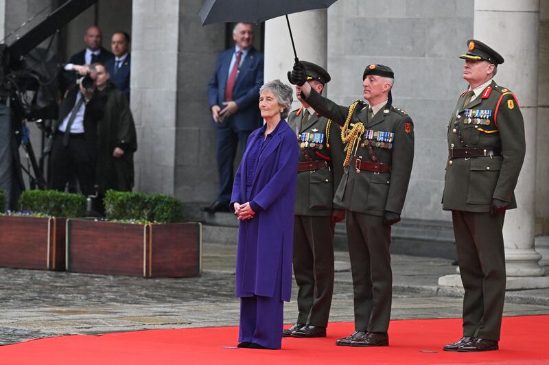 Ireland's new President, Catherine Connolly, inspects a guard of honour following her inauguration at Dublin Castle. Photograph: Charles McQuillan/Getty Images