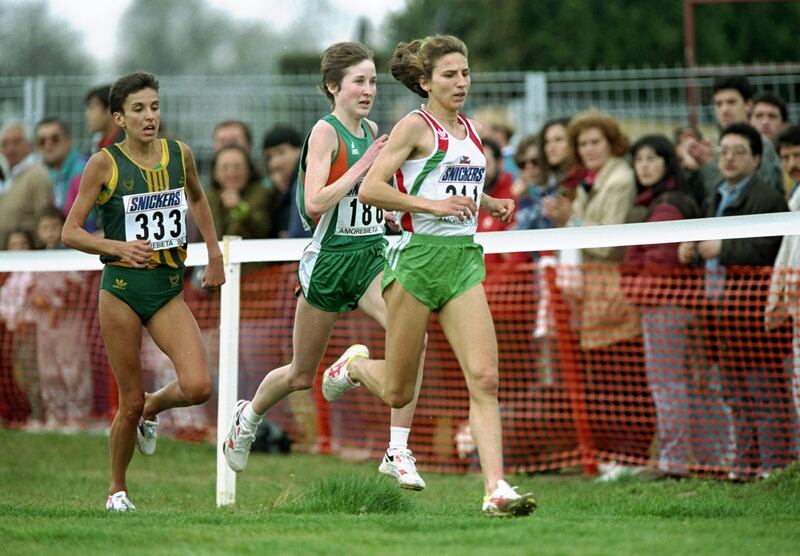 March 28th, 1993:  Albertina Diaz of Portugal leads Elana Meyer of South Africa and Catherina McKiernan of Ireland during the World Cross Country Championships in Amorebieta, Spain. Photograph: Gray Mortimore/Allsport
