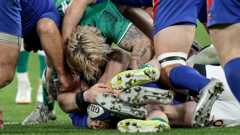 Ireland’s Andrew Porter at the centre of the action during the  2022 Guinness Six Nations Championship game against France at Stade de France, Paris, on Saturday.  Photograph: Dan Sheridan/Inpho