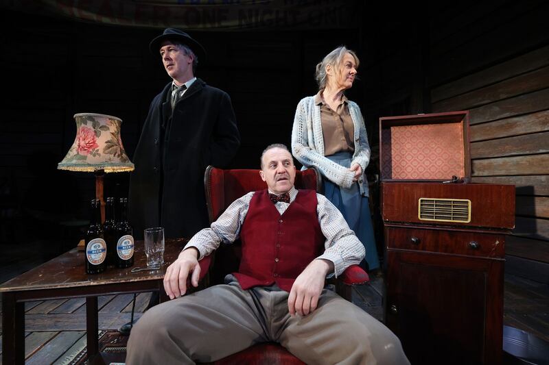 From left, Aidan Gillen, Nigel Lindsay and Niamh Cusack on stage at the Abbey Theatre for a production of Faith Healer. Both Lindsay and Cusack have Supporting Actor nominations for their roles in the play. Photograph: Nick Bradshaw