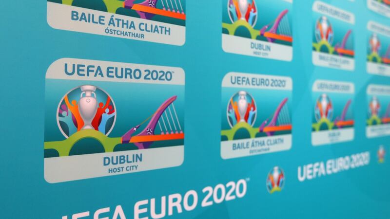 The Euro 2020 Dublin city  logo on display at  CHQ yesterday. Photograph:  James Crombie/Inpho