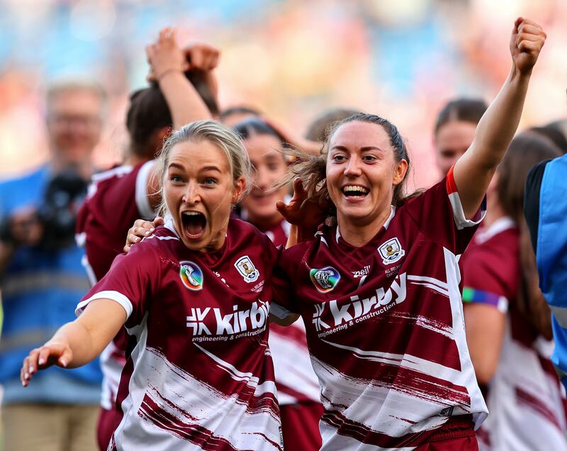 Alannah Kelly and Rachael Hanniffy celebrate after Galway's All-Ireland senior camogie final win over Cork in August. Photograph: Tom O’Hanlon/Inpho
