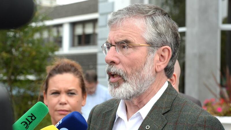 Sinn Féin leader Gerry Adams speaking to reporters in Co Louth at the party’s think-in. Photograph: Cyril Byrne/ The Irish Times