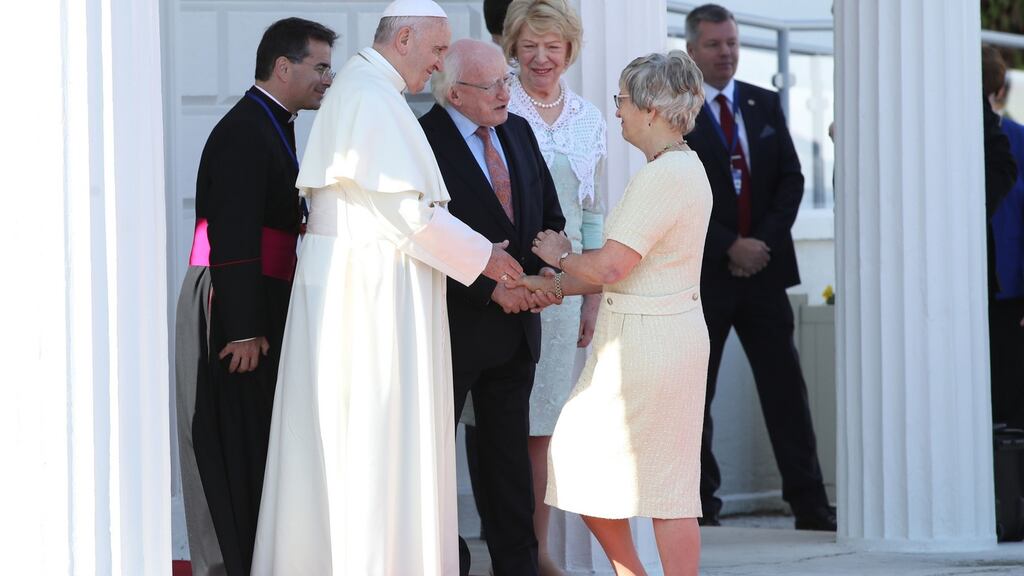 Pope Francis shaking hands with Katherine Zappone, at Aras an Uachtarain as part of his visit to Ireland in August. Photograph: Danny Lawson/PA Wire