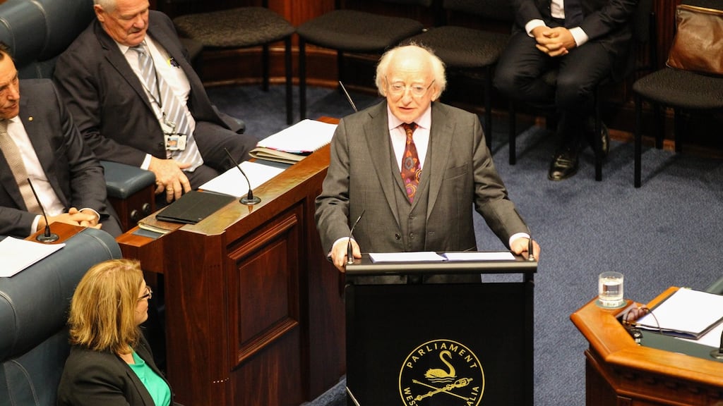 President Michael D Higgins addressing the Parliament of Western Australia in Perth earlier this month. Enterprise Ireland and the IDA are using his state visit to promote Irish exports and inward investment into Ireland. Photograph: Richard Wainwright/EPA
