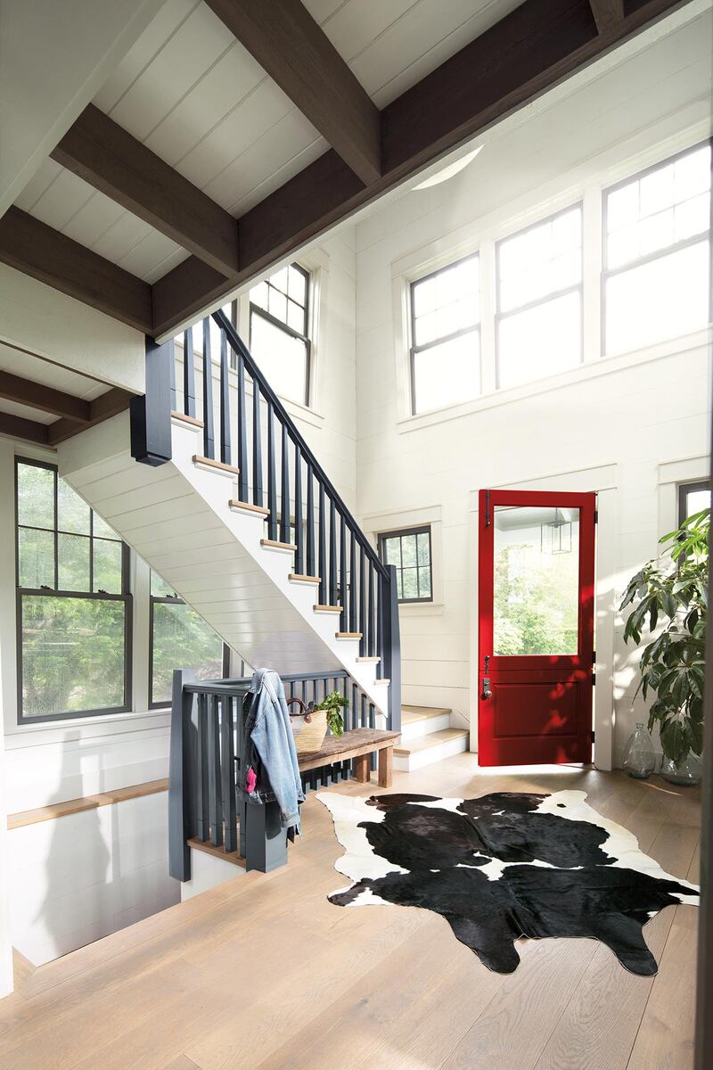 The clerestory windows  here in a double-height hall, approximately 120cm by 80cm each in size, will cost €1,200-€1,500 each and feature a two-tone colour scheme; the box casement in White Opulance with the sashes painted Wolf Grey