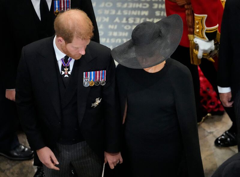 Prince Harry and Meghan follow the coffin of Queen Elizabeth II during her funeral. Photograph Frank Augstein/AFP/Getty Images