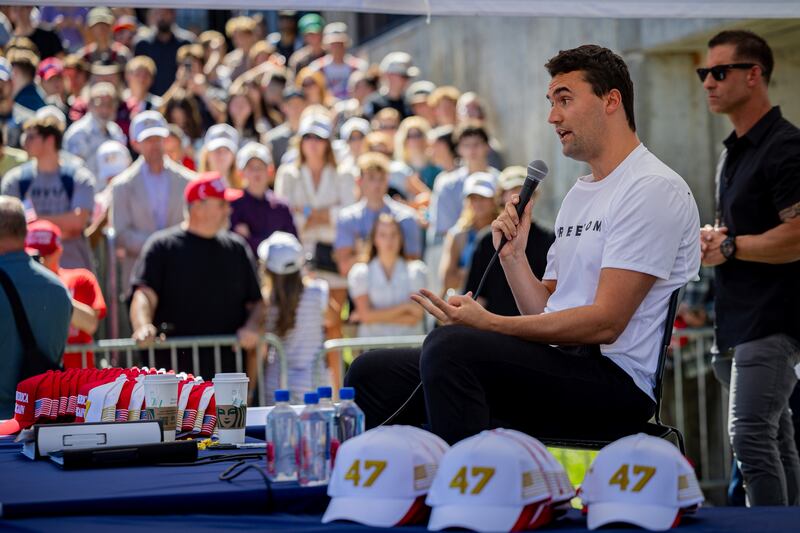 Charlie Kirk speaking at his American Comeback Tour event before he is fatally shot. Photograph: Tess Crowley/Deseret News via AP