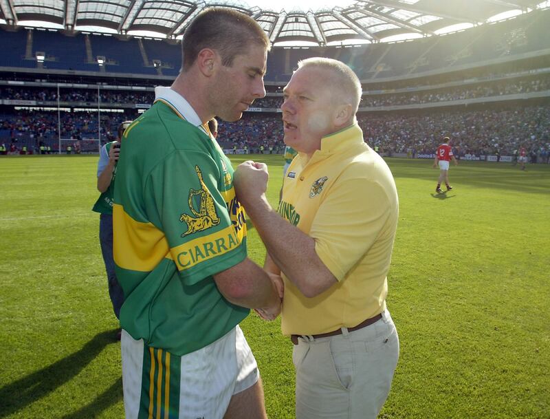 Kerry's Darragh O'Sé is congratulated by manager Páidí O'Sé in Croke Park in 2002. Photograph: Morgan Treacy/Inpho