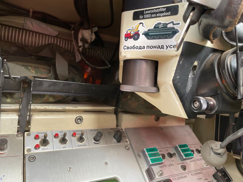 A Ukrainian sticker inside a German-made Gepard anti-aircraft system now defending Kyiv reads: 'Freedom above all else'. Photograph: Daniel McLaughlin