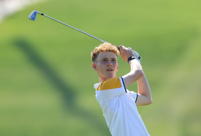 Seán Keeling of the European Team on the 12th hole in his match against Will Hartman during the singles matches on day three of the 2023 Junior Ryder Cup at Marco Simone Golf Club, 2023, in Rome. Photograph: David Cannon/Getty Images
