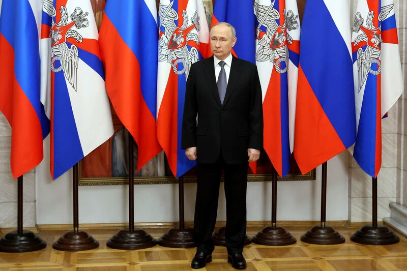 Russian president Vladimir Putin during his visit to the headquarters of the Southern Military District, at an unknown location in Russia, on Saturday. Photograph: Mikhail Klimentyev, Sputnik, Kremlin Pool Photo via AP/PA