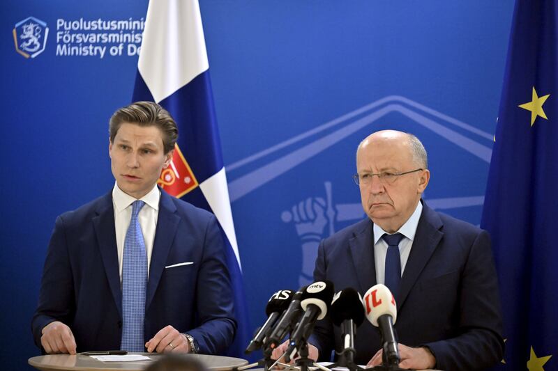 EU commissioner for defence and space Andrius Kubilius, right, said the drone shield could take a year to build. Photograph: Markku Ulander/Lehtikuva via AP