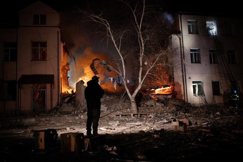 The site of a bombing in Sloviansk, Ukraine, last year. Photograph: Tyler Hicks/New York Times        