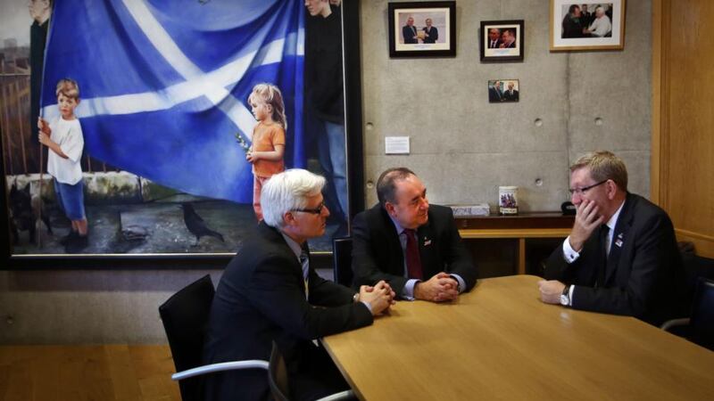 Unite Scottish secretary Pat Rafferty, First Minister Alex Salmond and Unite general secretary Len McCuskey photographed during talks at the Scottish Parliament, Edinburgh on the situation at the Ineos Grangemouth site. Photograph: David Cheskin/PA Wire