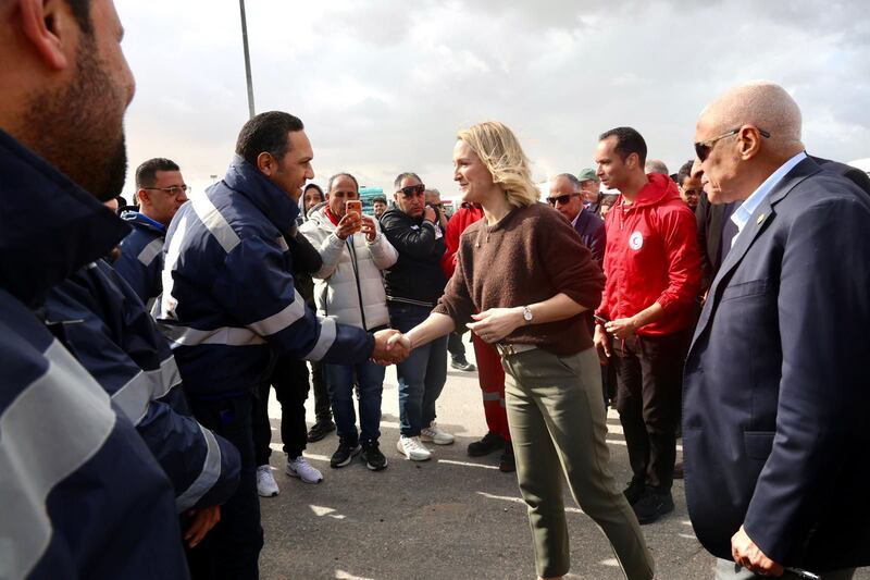Minister for Foreign Affairs Helen McEntee meets medics at the Rafah crossing between Egypt and Gaza on her visit to the Middle East. Photo: Department of Foreign Affairs
