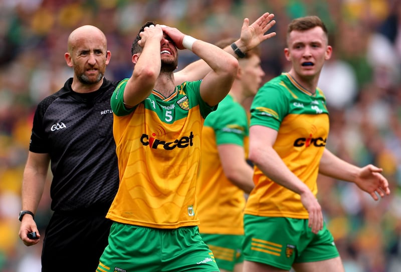 Donegal’s Ryan McHugh reacts after referee Brendan Cawley awarded a free to Galway. Photograph: James Crombie/Inpho