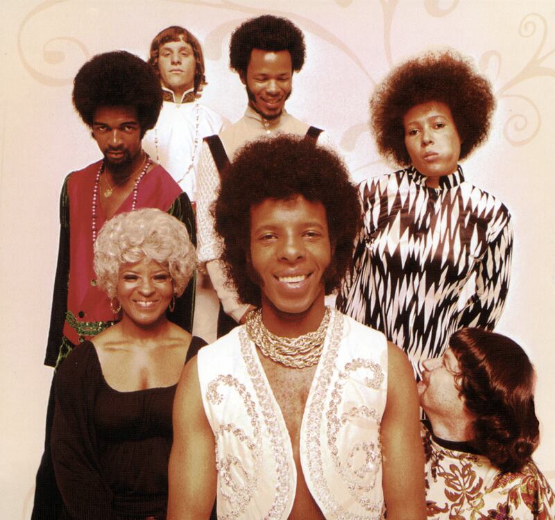 Sly & The Family Stone: Larry Graham, Gregg Errico, Freddie Stone, Cynthia Robinson; : Rose Stone, Sly Stone, Jerry Martini. Photograph: GAB Archive/Redferns