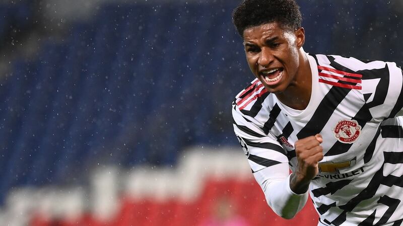 Marcus Rashford celebrates scoring Manchester United’s winner against PSG. Photograph: Franck Fife/Getty/AFP