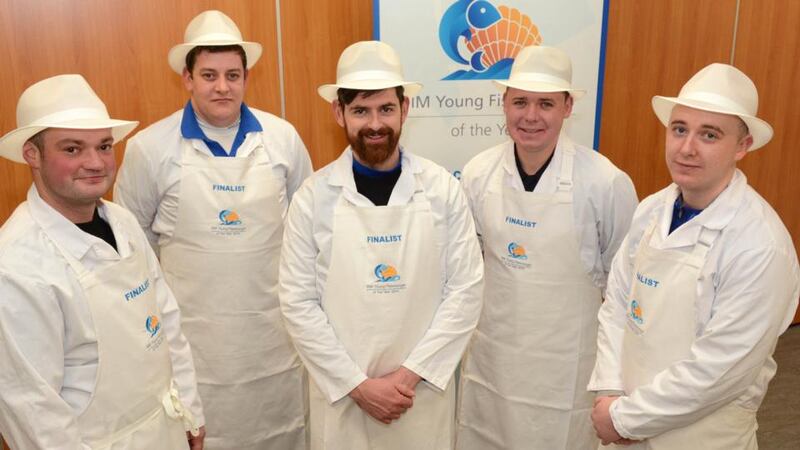 Finalists in the BIM Young Fishmonger of the Year Award, from left: Arnaud Lepricey, Wrights of Howth, Dublin; James Kirwan, East Coast Seafood, Naas, Co Kildare; John Feeney, Galway Bay Seafoods, New Docks, Galway; George Stephens, Stephens’s Fish Market, Mullingar, Co Westmeath and Maynooth, Co Kildare and Graham Rogerson, George’s Fish Shop, Monkstown Farm, Co Dublin. Photograph:  John Sheehan Photography