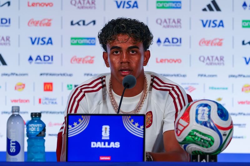 Spain's Lamine Yamal at a press conference in Dallas. Photograph: Christopher Neundorf/EPA