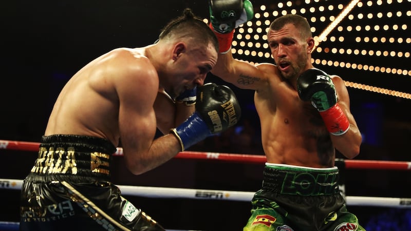 Vasiliy Lomachenko catches Jose Pedraza during their WBA/WBO lightweight unification bout in New York. Photograph: Al Bello/Getty