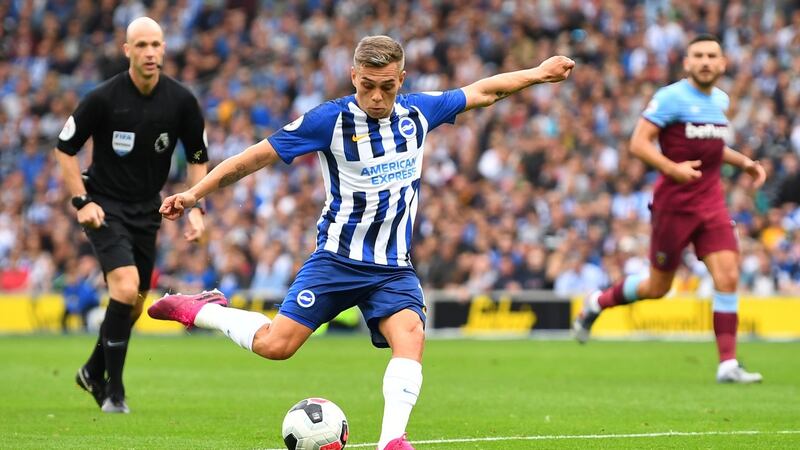 Leandro Trossard  opens the scoring for Brighton  in the Premier League  game against  West Ham  at the Amex Stadium. Photograph: Dylan Martinez/Reuters