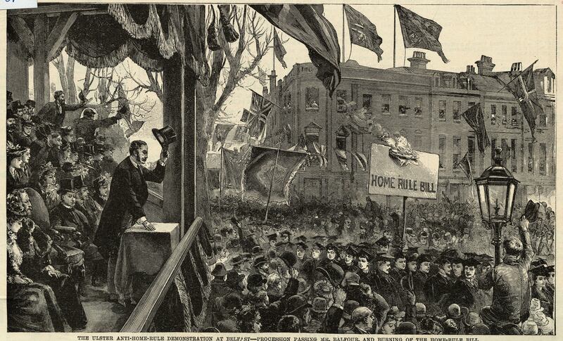 Arthur  Balfour addresses an anti-Home-  Rule demonstration in Belfast in 1893. Photograph: Getty Images