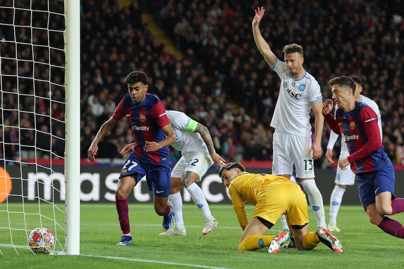 Barcelona's Lamine Yamal (L) scores a goal that was eventually disallowed. Photograph: Lluis Gene/AFP via Getty