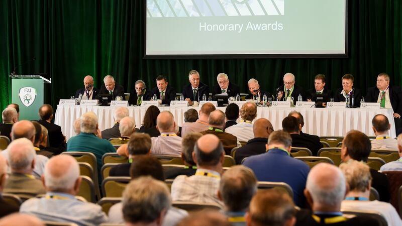 FAI board members at the 2018 AGM in Cork (from left): Eddie Murray, honorary treasurer; Paraic Treanor, chairman of legal & corporate affairs committee; Mick Hanley, chairman of the international committee; FAI vice-president Donal Conway; John Delaney, chief executive; FAI president Tony Fitzgerald; Michael Cody, honorary secretary; Jim McConnell, chairman of the domestic committee; John Earley, chairman of the underage committee; Niamh O’Donoghue, chairwoman of the women’s football committee, and Eamon Naughton, chairman of the national leagues executive committee. Photograph: Stephen McCarthy/Sportsfile