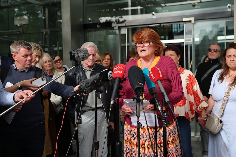 Orla Poole speaks outside court after George Gibney's sentencing. Photograph: Dara Mac Dónaill / The Irish Times