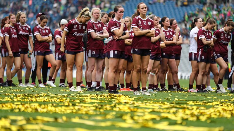 The Galway women's team dejected after the defeat to Kerry in the All-Ireland football final. Photograph: Ben Brady/Inpho