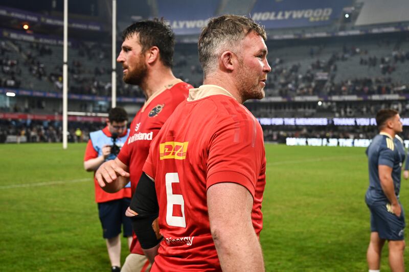 Munster's Peter O’Mahony (right) and Jean Kleyn after last Saturday's URC quarter-final defeat against Sharks in Durban. Photograph: Darren Stewart/INPHO/Steve Haag Sports