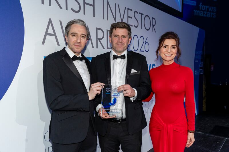 Tánaiste and Minister of Finance Simon Harris; Darragh O'Neill, director - head of new business origination, Bank of Ireland Corporate and Market; and Colette Fitzpatrick, host for the night. Photograph: Stuart McNamara
