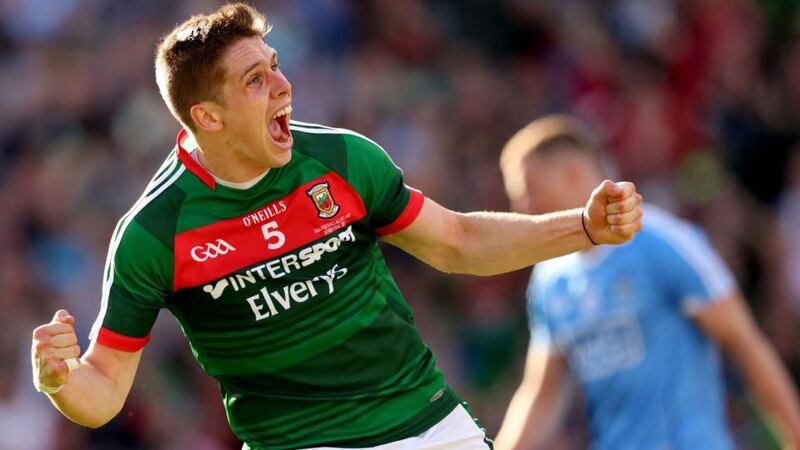 Lee Keegan celebrates scoring his side’s first goal in the All-Ireland final against Dublin. Photograph: James Crombie/Inpho