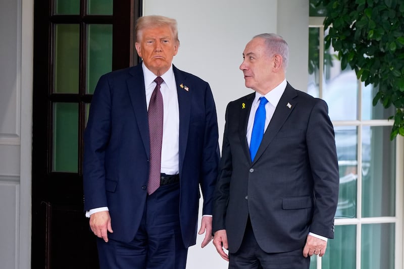 US President Donald Trump greets Israeli Prime Minister Benjamin Netanyahu at the West Wing of the White House. Photograph: Alex Brandon/AP