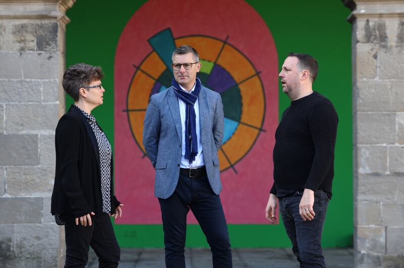 Emily Howard, composer, Prof Mark Cunningham, neurophysiologist, and Owen Boss, co-artistic director of ANU  Productions, The three collaborated to create The Wernicke’s Area. Photograph: Dara Mac Dónaill








