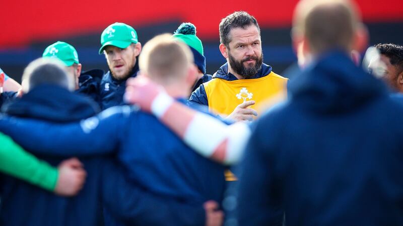Ireland head coach Andy Farrell addresses players during the joint senior and under-20 training session at Musgrave Park in Cork on Thursday. Photograph: Tommy Dickson/Inpho