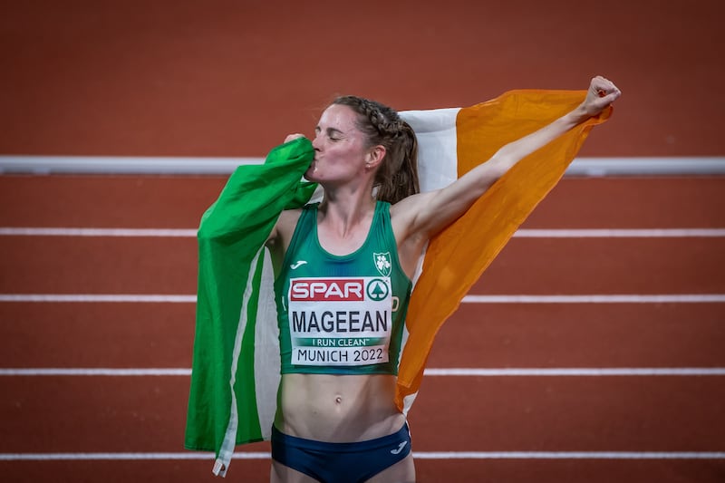 Ireland’s Ciara Mageean celebrates after finishing second in the Women's 1,500m final at the European Championships in Munich on August 19th. Photograph: Morgan Treacy/Inpho