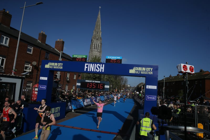 The finish line of the 2025 Dublin City Half Marathon. Photograph: Stephen Collins/Collins Photos
