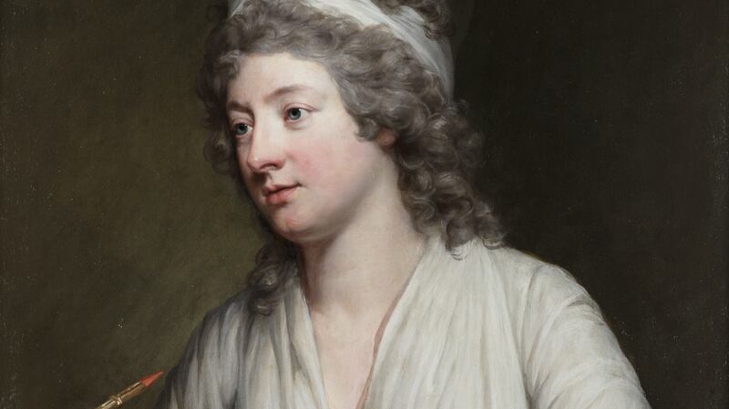 ‘Portrait of Maria Susanna Ormbsy, seated holding a sketch book’ by  Hugh Douglas Hamilton