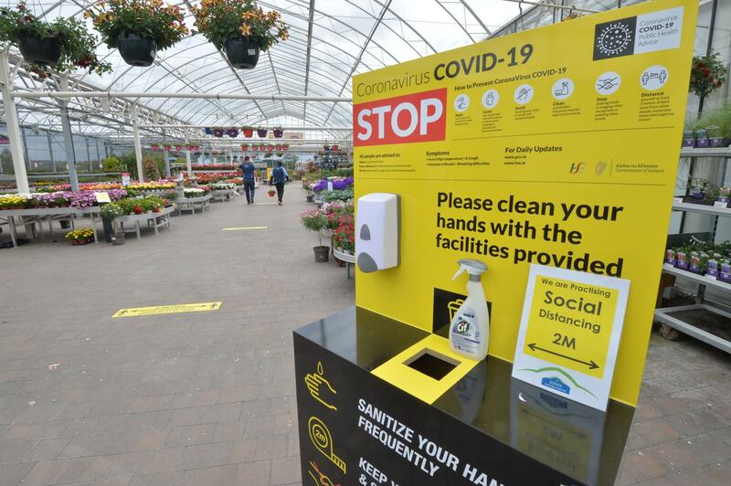 A Covid-19 sanitation station in Jones Garden Centre in Donabate. Photograph: Alan Betson/The Irish Times