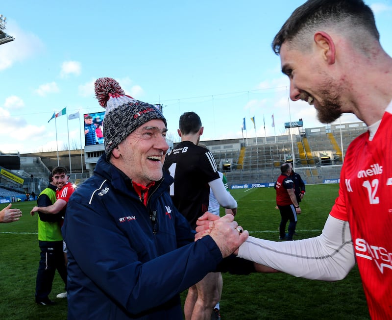 Louth's then manager Mickey Harte celebrates with Ciaran Downey after a win over Limerick in 2022. Photograph: Lorraine O’Sullivan/Inpho