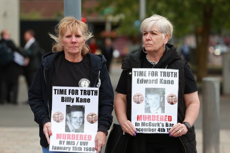 Gráinne Teggart (right), of Amnesty International, and Martina Dillon (centre), whose husband, Seamus Dillon, was gunned down by the Loyalist Volunteer Force (LVF) in Dungannon in 1997, outside outside Belfast High Court in June as they took part in a demonstration in support of the families challenging the Northern Ireland Troubles (Legacy and Reconciliation) Act. Photograph: Liam McBurney/PA Wire