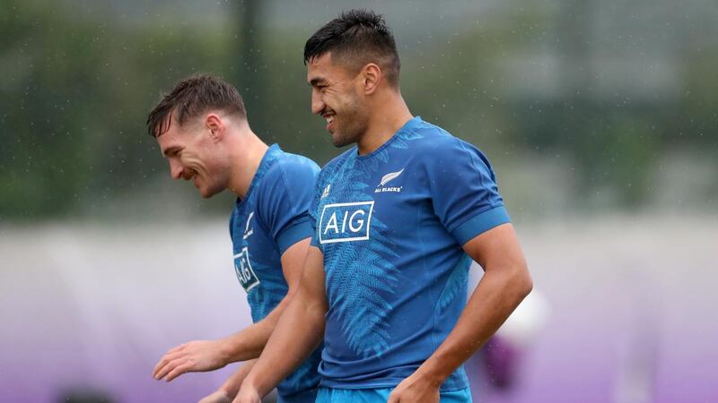 George Bridge and Rieko Ioane during a New Zealand training session  at Tatsuminomori Seaside Park in Tokyo on Tuesday. Photograph: Hannah Peters/Getty Images